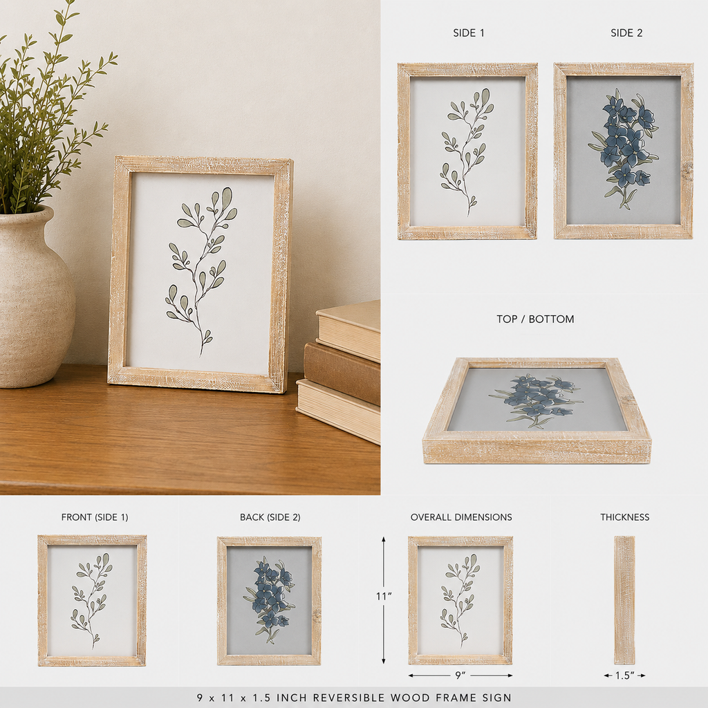 9" x 11" Reversible Wood Framed Sign - Plant/Periwinkle | Multicolor