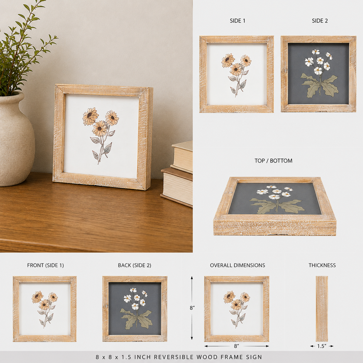 8" Reversible Wood Framed Sign - Sunflower and Daisy | Multicolor