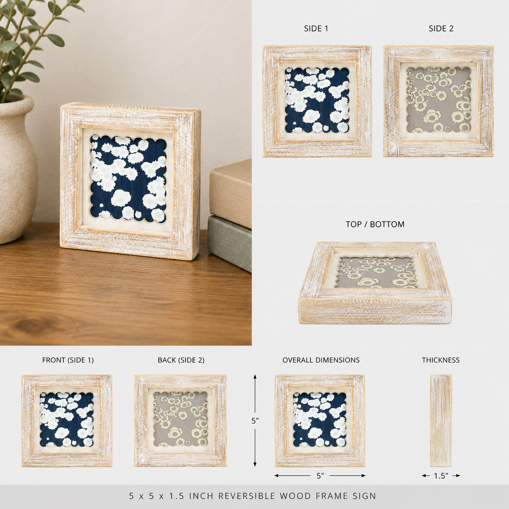 5" Reversible Wood Framed Sign - Flower