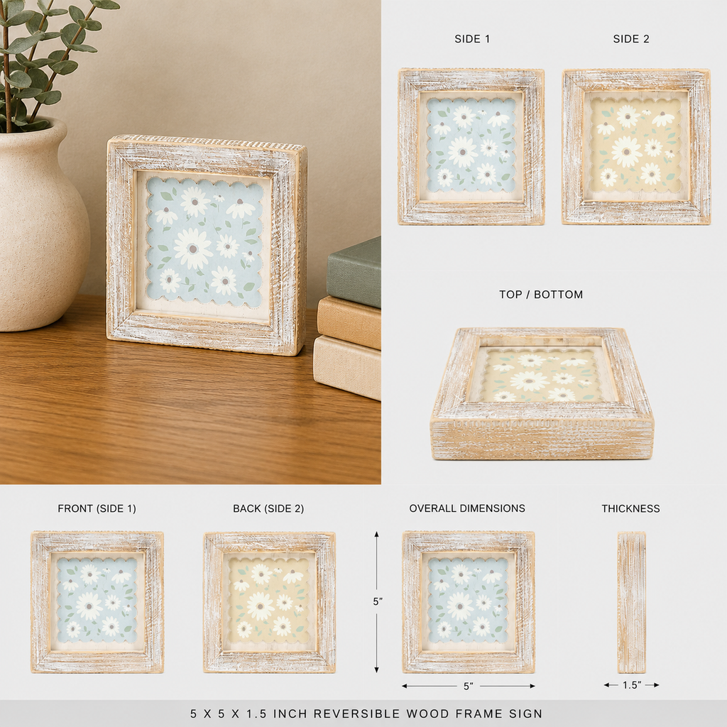 5" Reversible Wood Framed Sign - Daisy