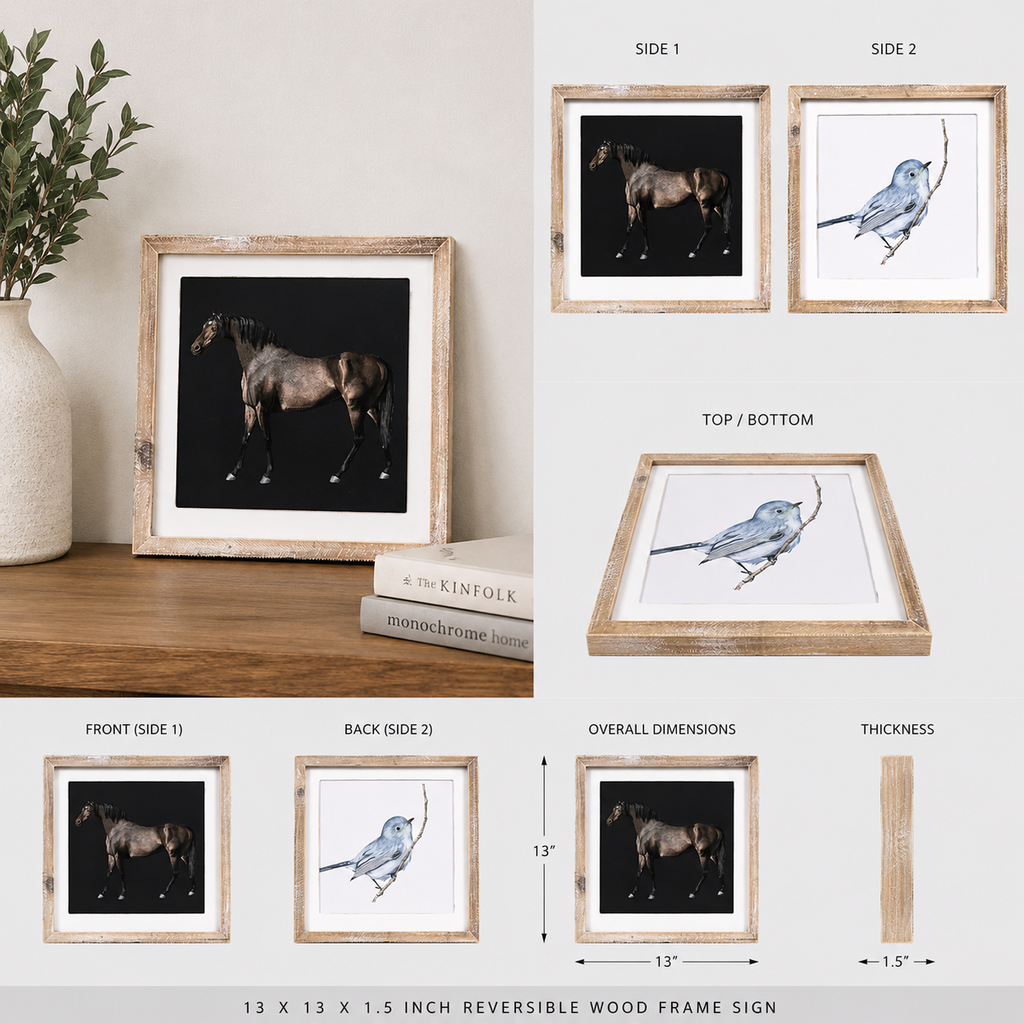 13" Reversible Wood Framed Wall Art - Horse/Bird | Multicolor