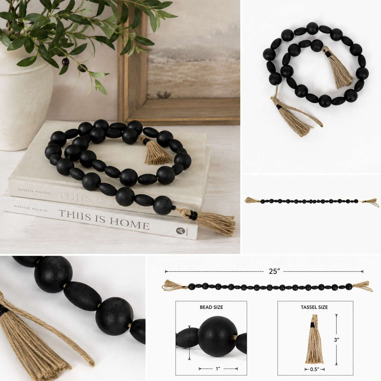 25" Wood Bead Garland with Tassels - Black and Brown