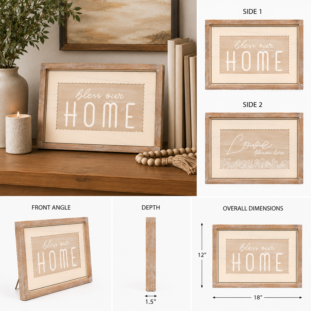 18" x 12" Reversible Wood Framed Wall Art - Love Blooms Here/Bless Our Home | Multicolor