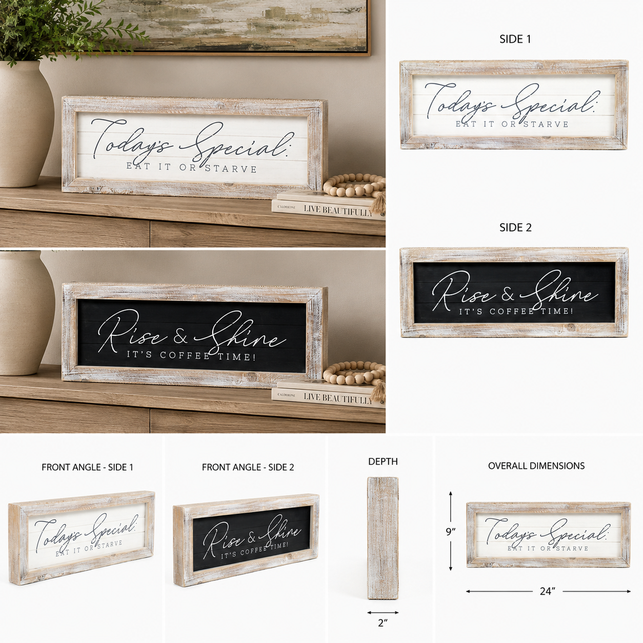 24" x 9" Reversible Wood Framed Wall Art - Rise/Shine and Today's Special | White and Grey