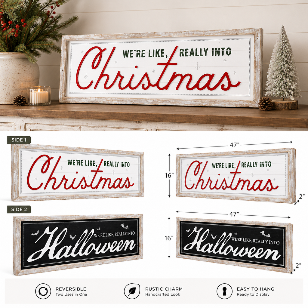 47" x 16" Reversible Wood Framed Wall Art - Christmas and Halloween | Multicolor