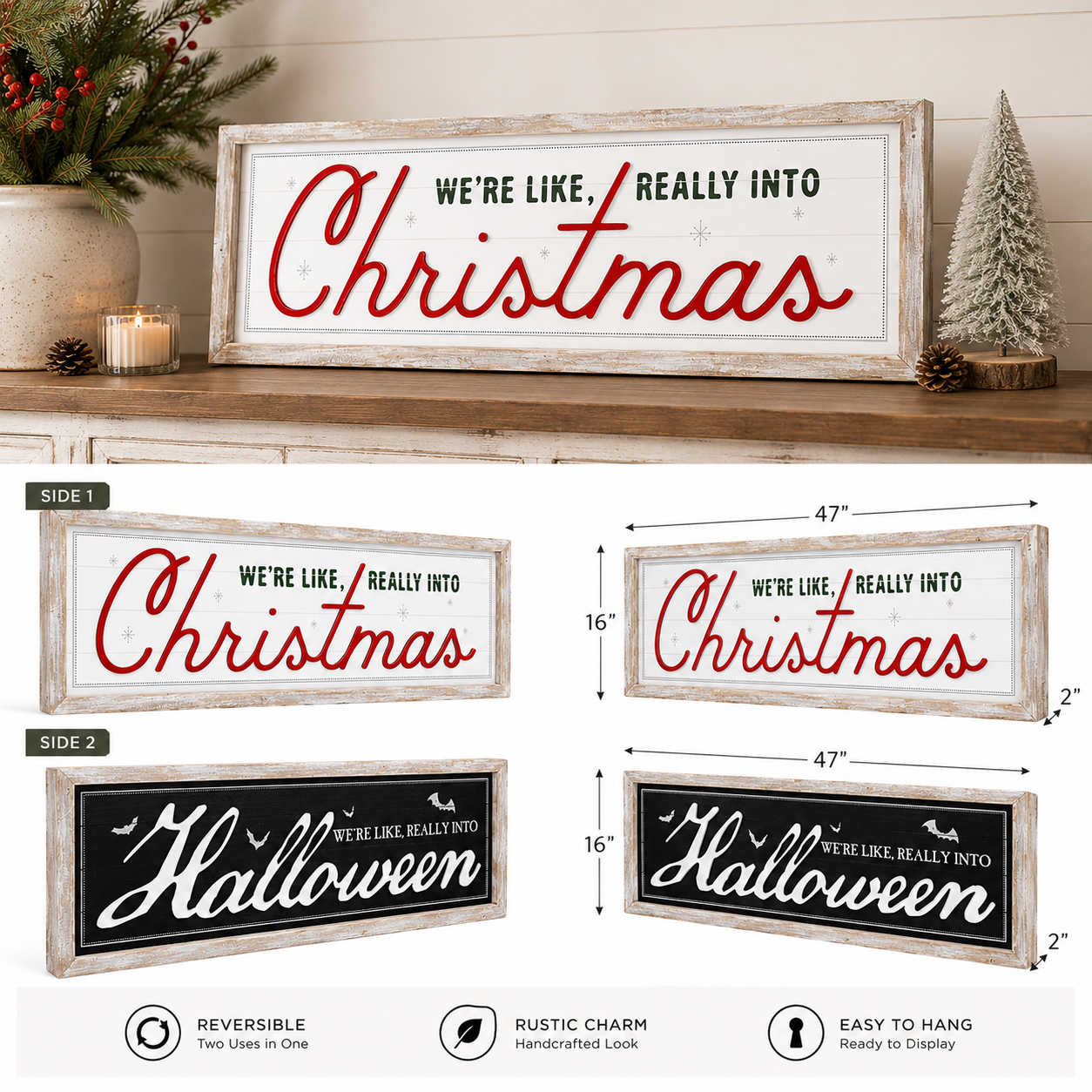 47" x 16" Reversible Wood Framed Wall Art - Christmas and Halloween | Multicolor