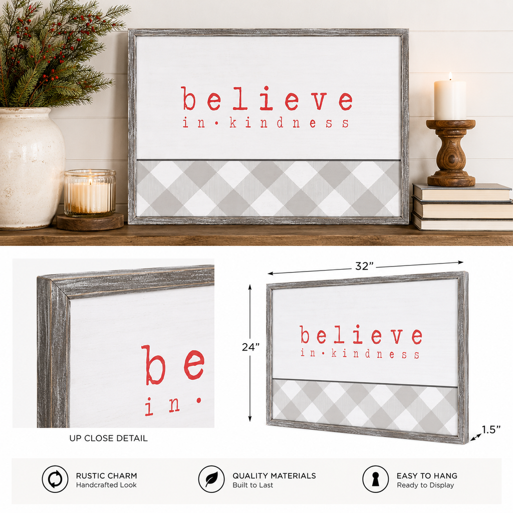 32" x 24" Wood Framed Wall Art - Believe In Kindness | White, Red and Gray