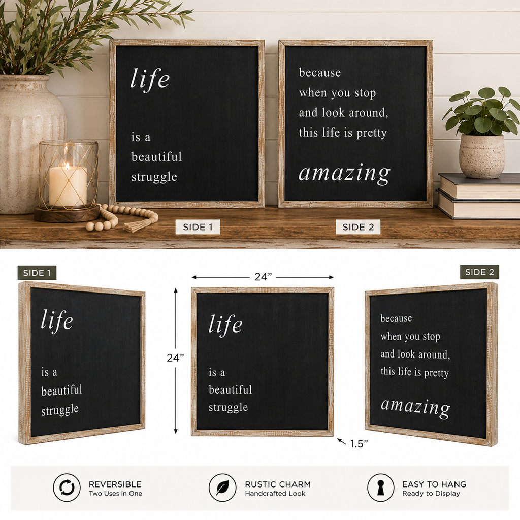 24" Reversible Wood Framed Wall Art - Life/Amazing | Black and White