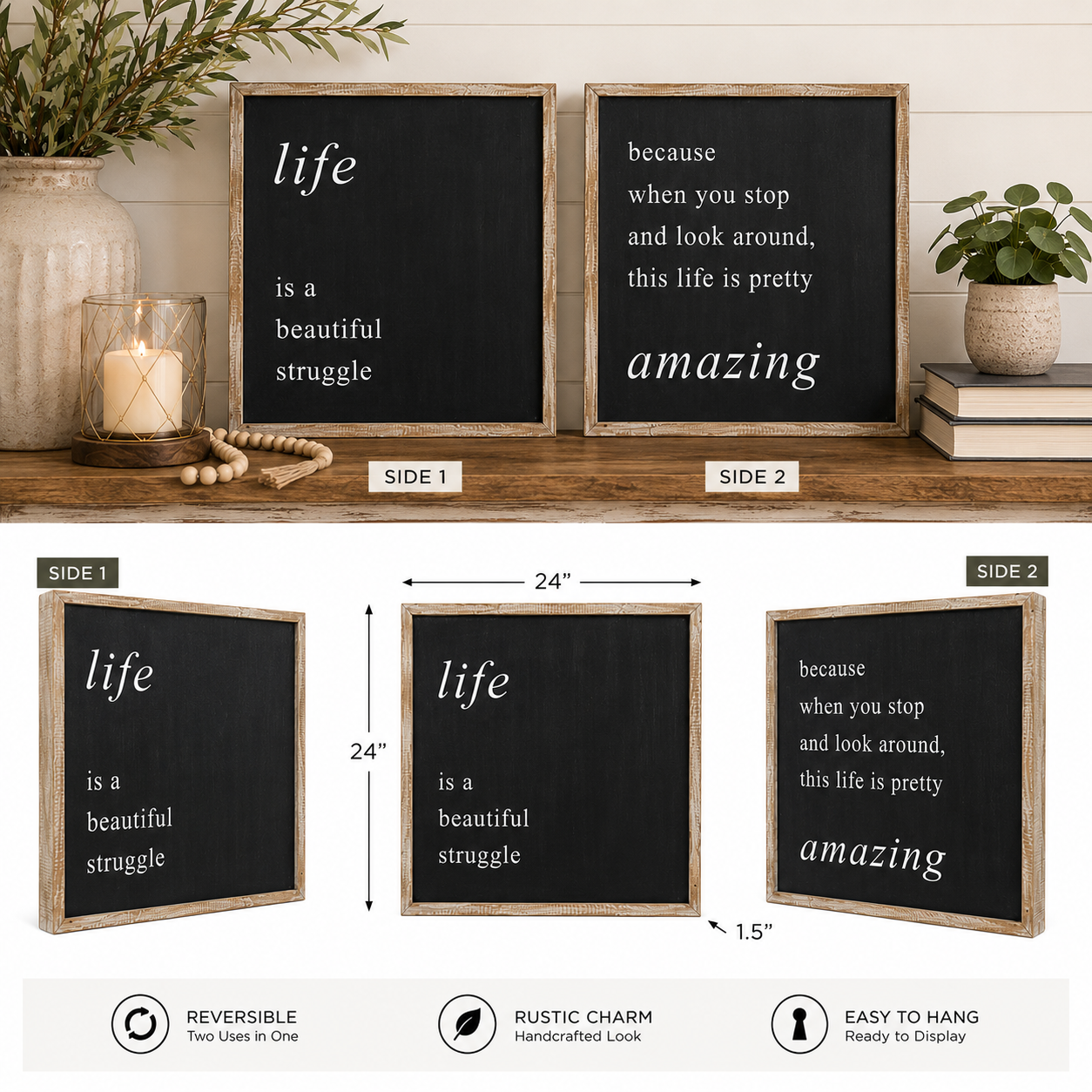 24" Reversible Wood Framed Wall Art - Life/Amazing | Black and White