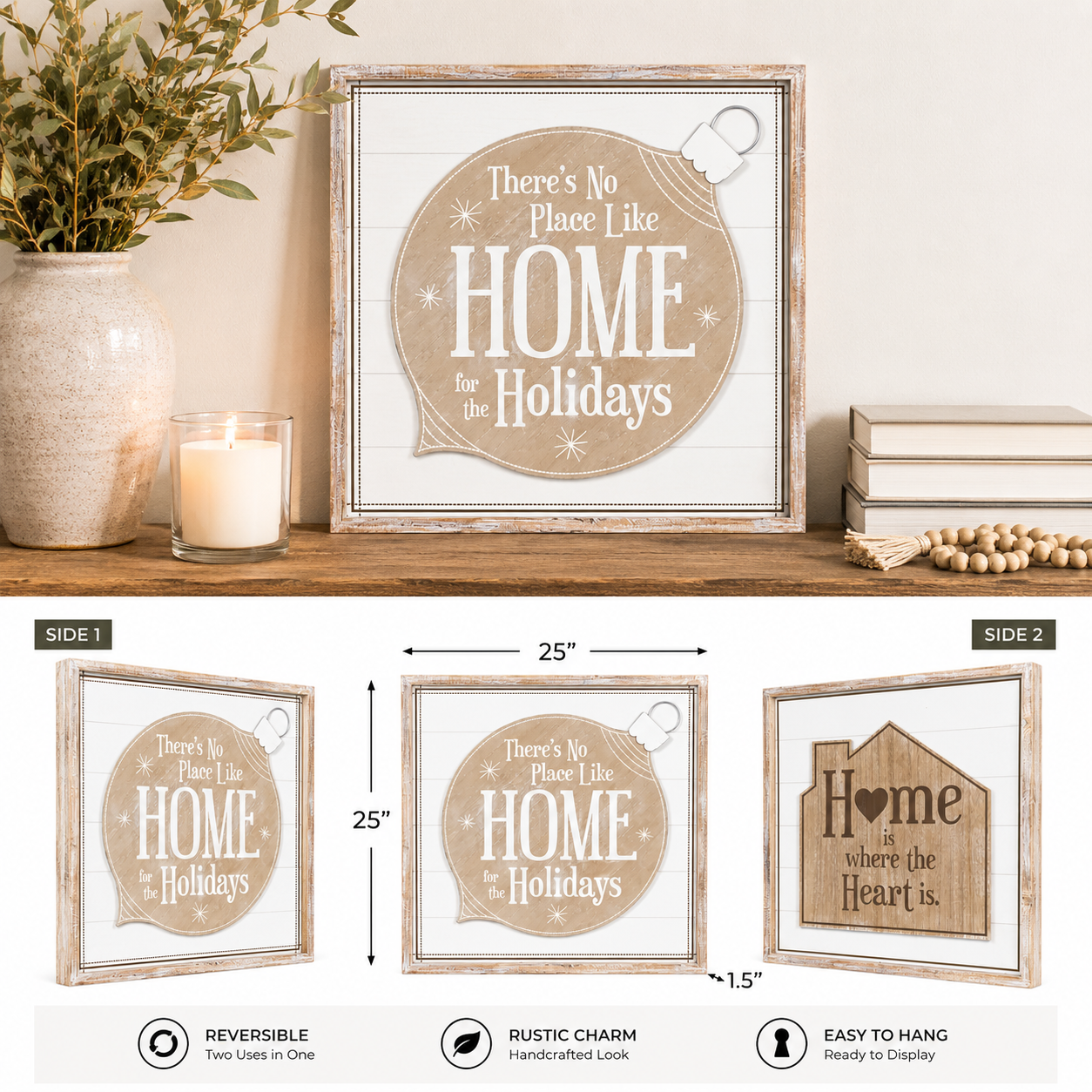 25" Reversible Wood Framed Wall Art - Home for the Holidays/Heart | Multicolor