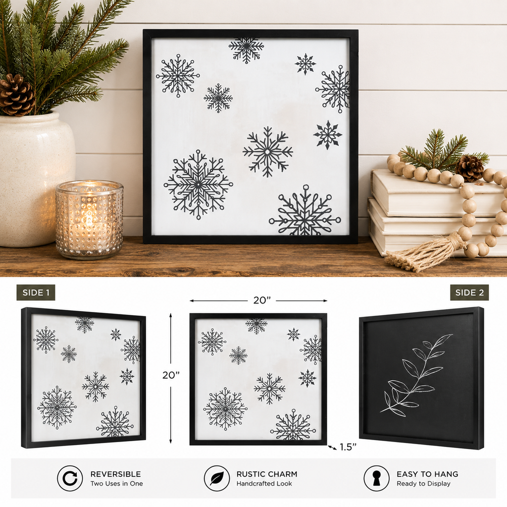 20" Reversible Wood Framed Wall Art - Snowflake/Stem | White, Black and Green