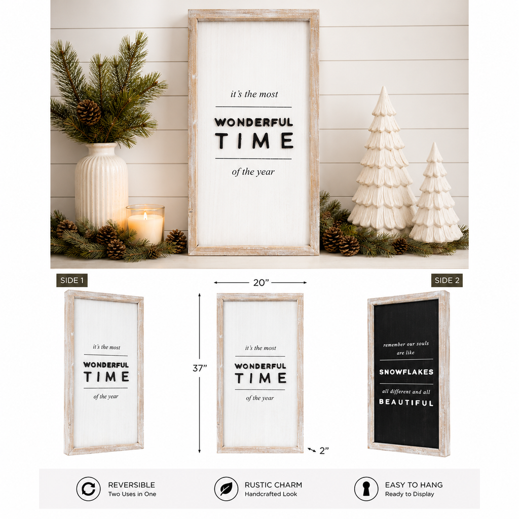 20" x 37" Reversible Wood Framed Wall Art - Snowman | White and Black