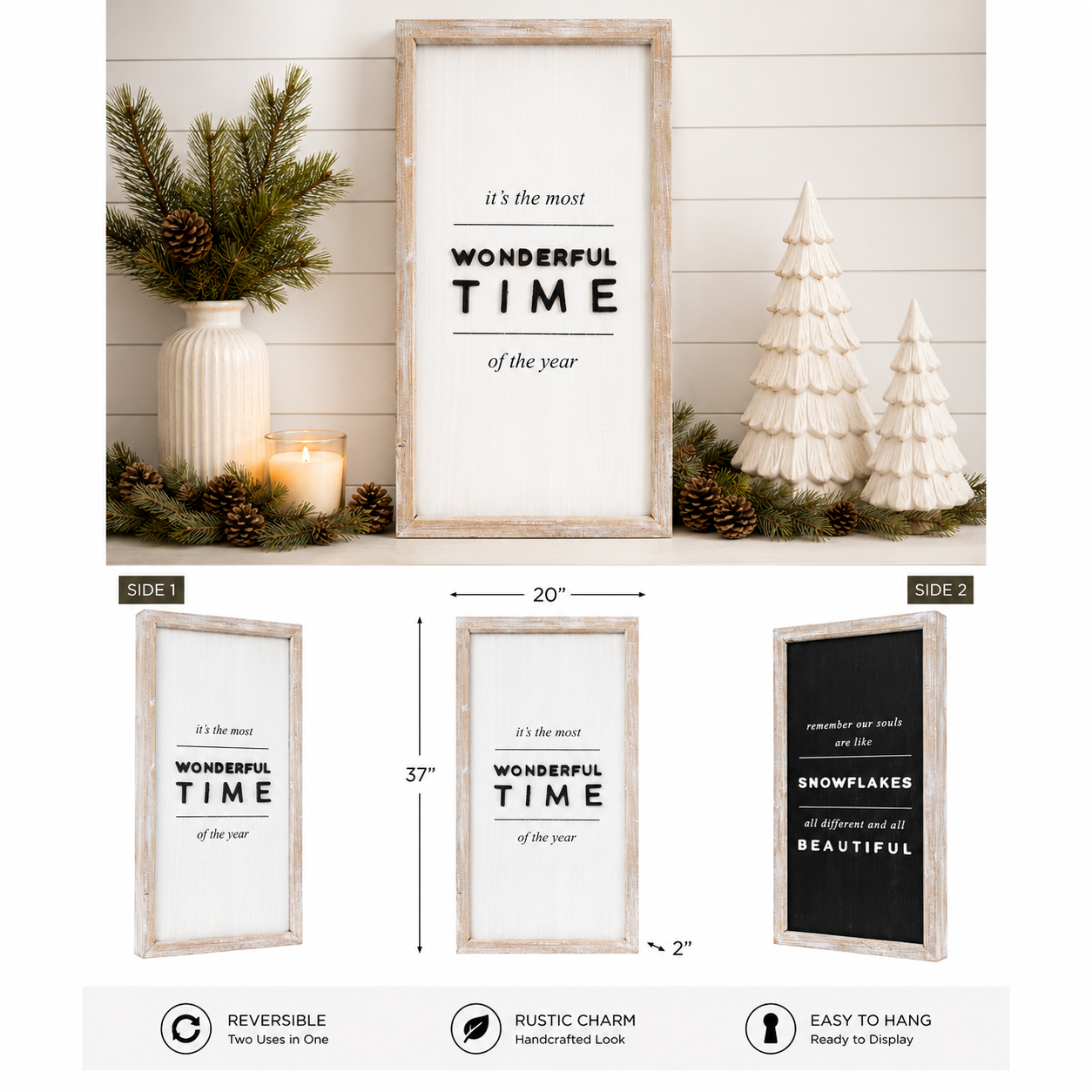 20" x 37" Reversible Wood Framed Wall Art - Snowman | White and Black