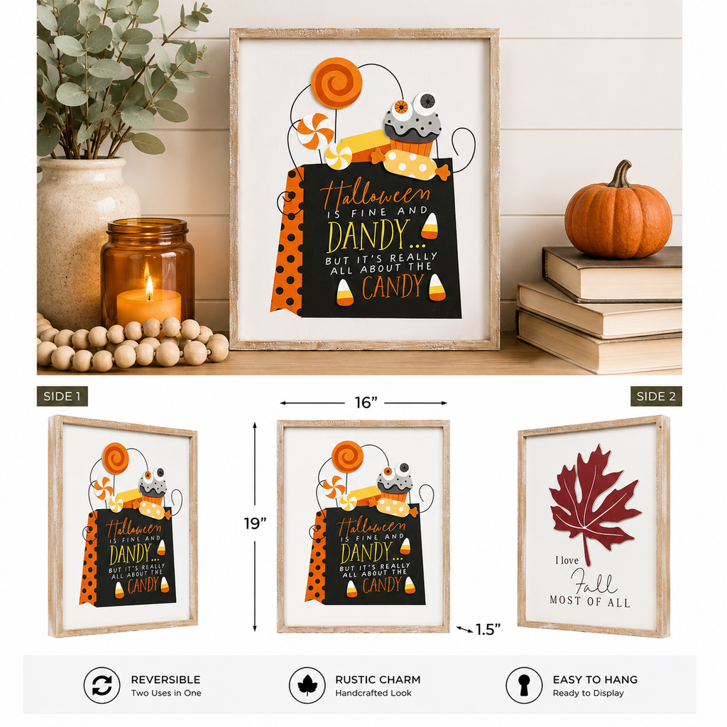 16" x 19" Reversible Wood Framed Wall Art - Halloween/Fall | Multicolor