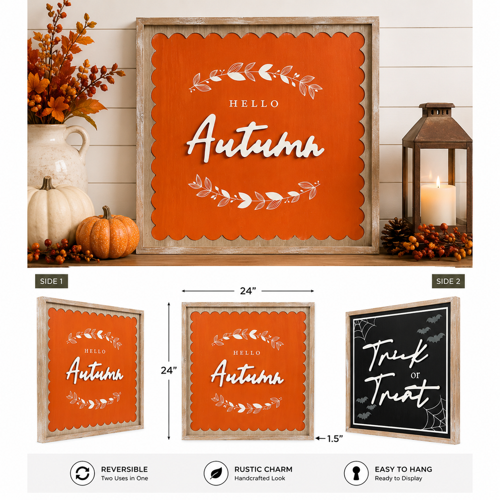 24" Reversible Wood Framed Wall Art - Trick or Treat and Hello Autumn | Multicolor