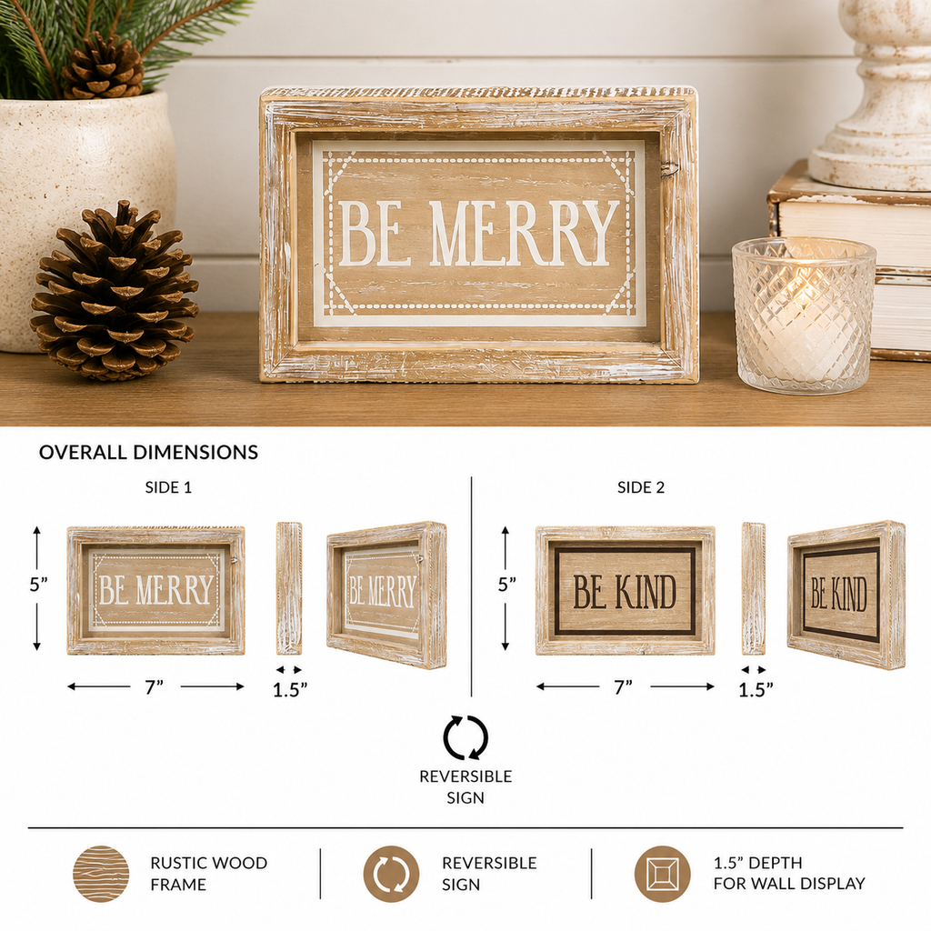 7" x 5" Reversible Wood Framed Sign - Be Merry and Be Kind | Snowflake
