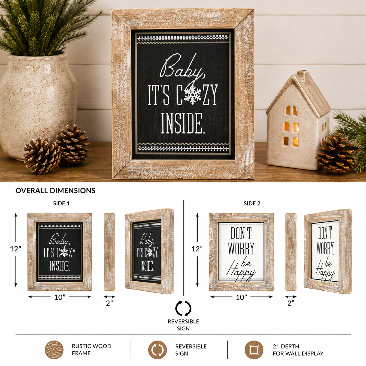 10" x 12" Reversible Wood Framed Sign - Cozy/Happy | Black, White and Gray