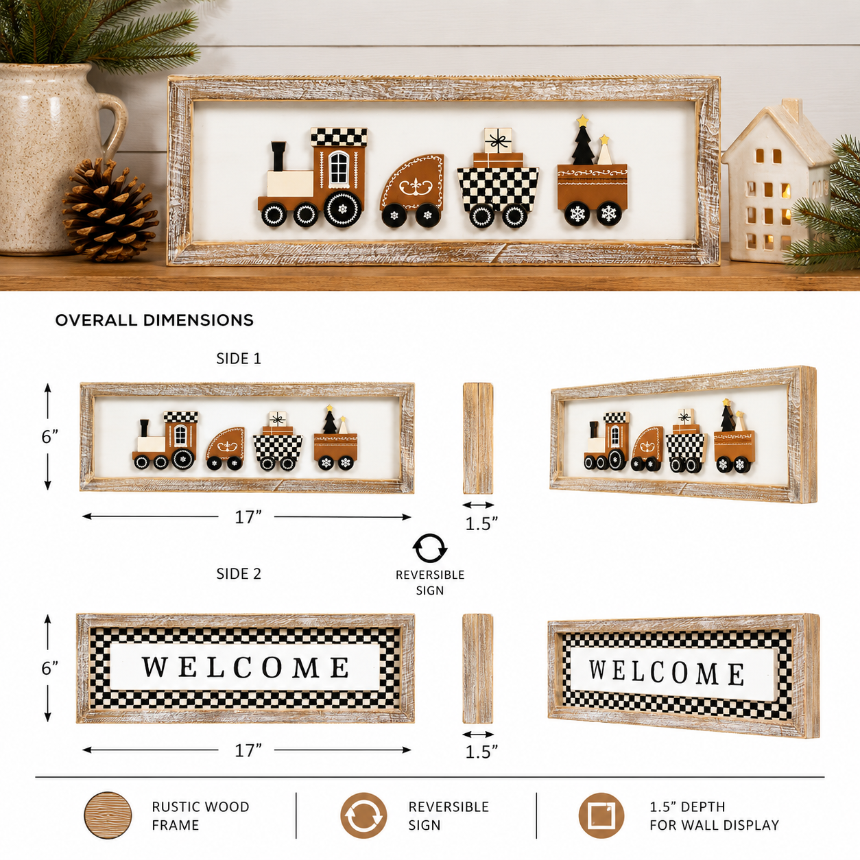 17" x 6" Reversible Wood Framed Wall Art - Train/Welcome | Multicolor