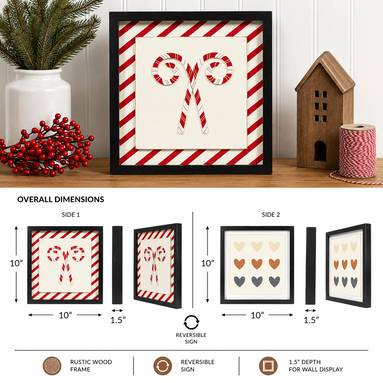 10" Reversible Wood Framed Sign - Candy/Heart | Multicolor