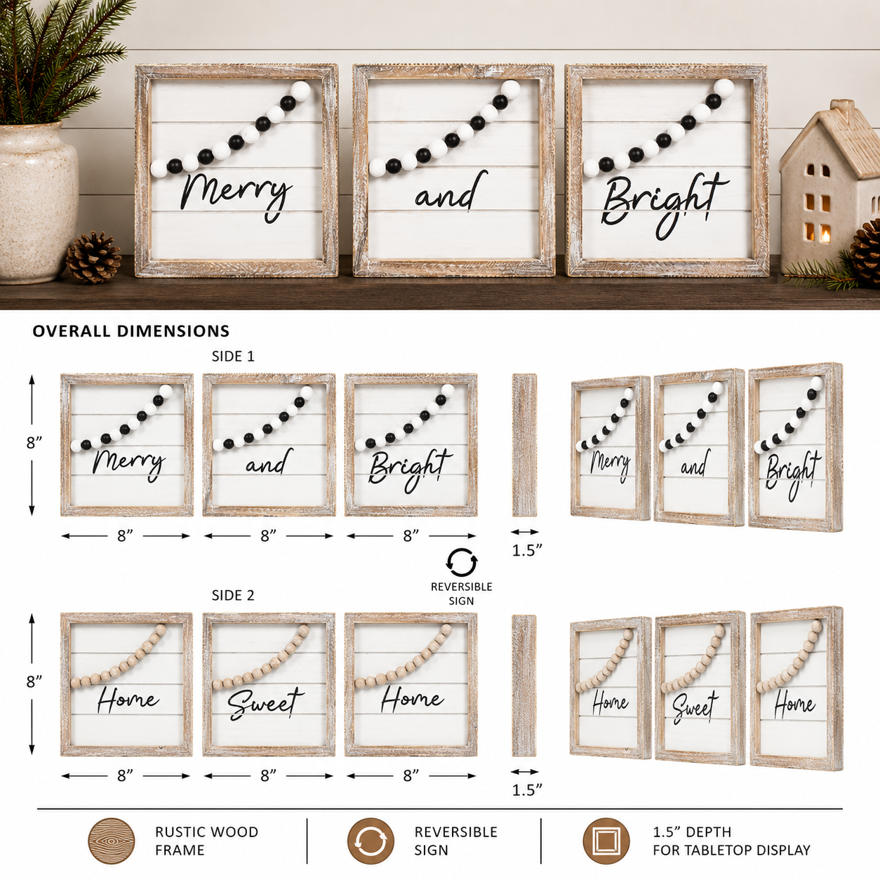 8" Reversible Wood Frame Beaded Shiplap Sign Set - Merry/Home (Set of 3)