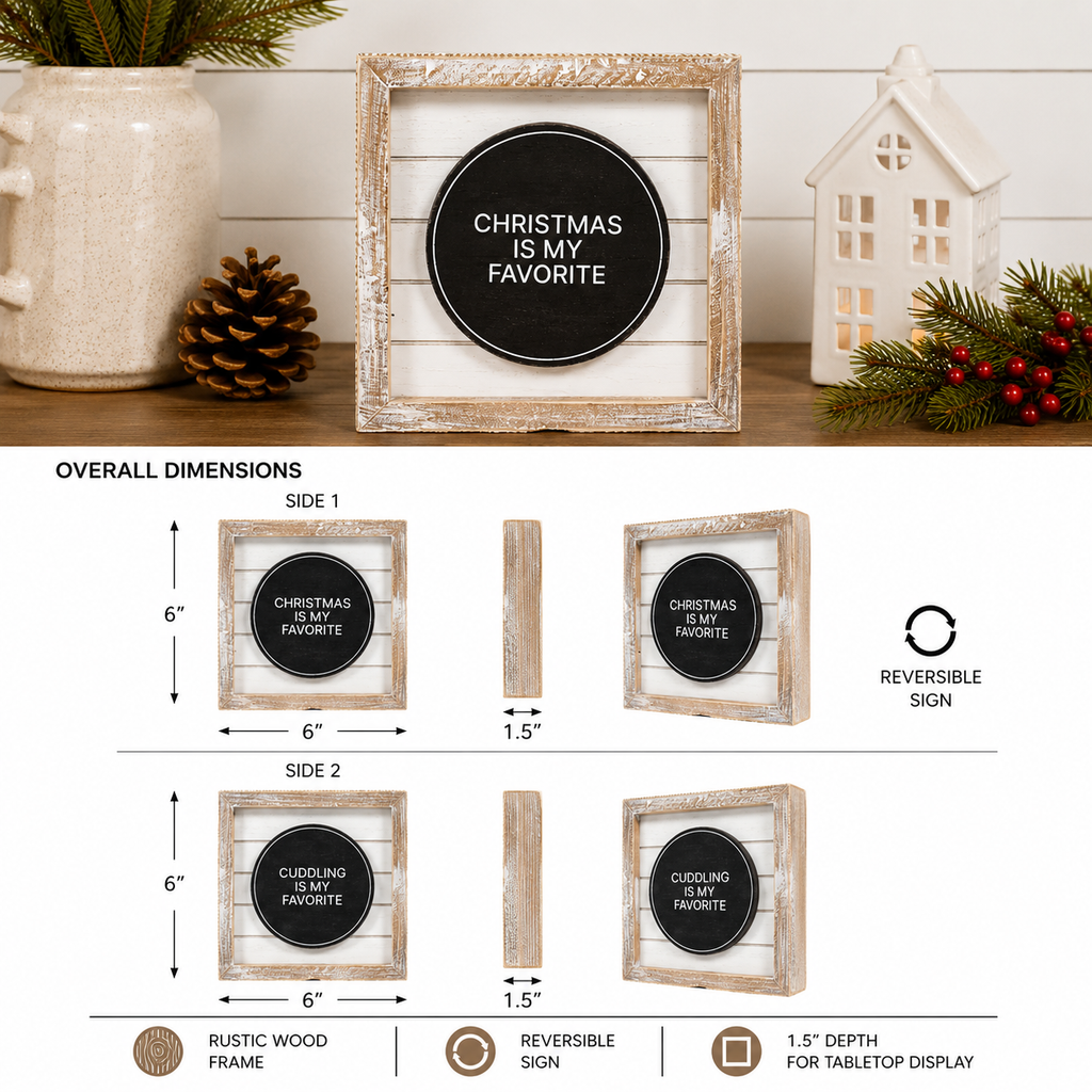 6" Reversible Wood Framed Shiplap Sign - Christmas and Cuddling | White and Black