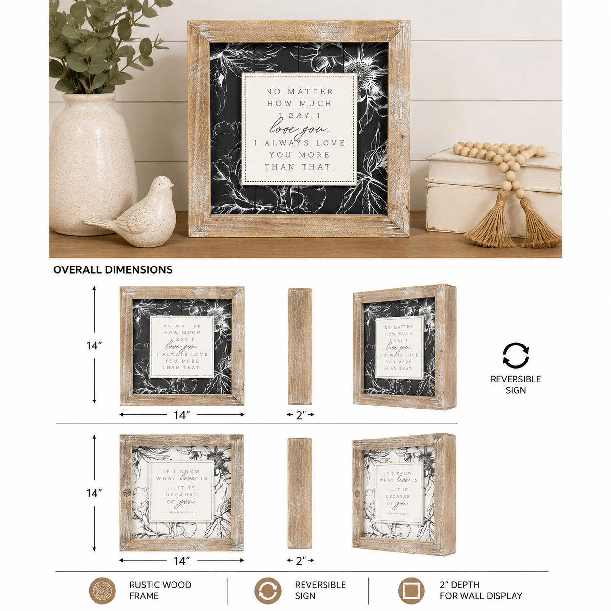 14" Reversible Wood Framed Wall Art - Say and Know | White and Grey