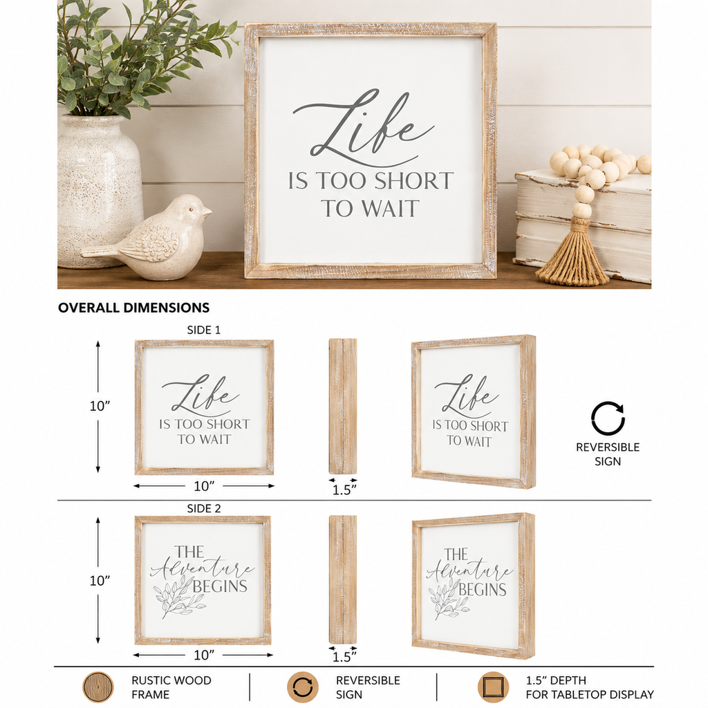 10" Reversible Wood Framed Sign - Life and Adventure | White and Grey