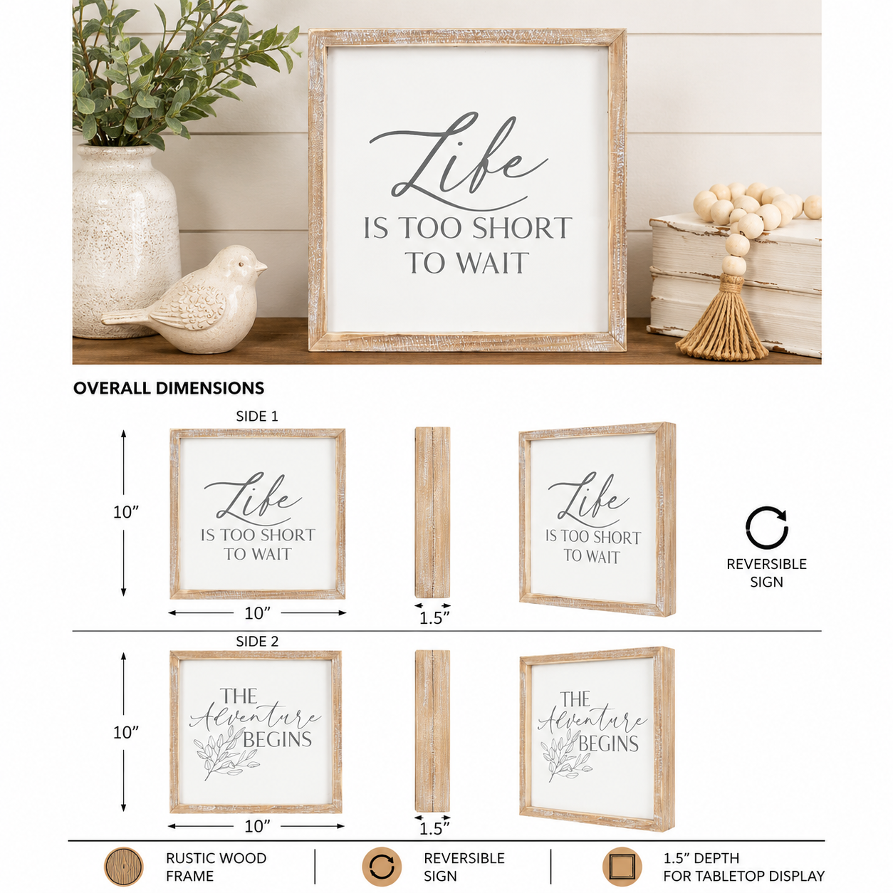 10" Reversible Wood Framed Sign - Life and Adventure | White and Grey