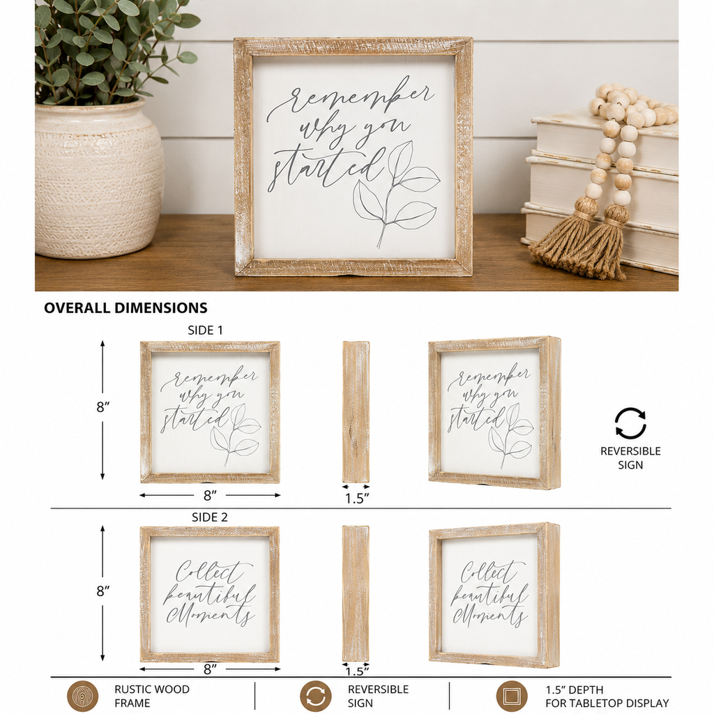 8" Reversible Wood Framed Sign Set - Moments/Started | White and Gray (Set of 6)