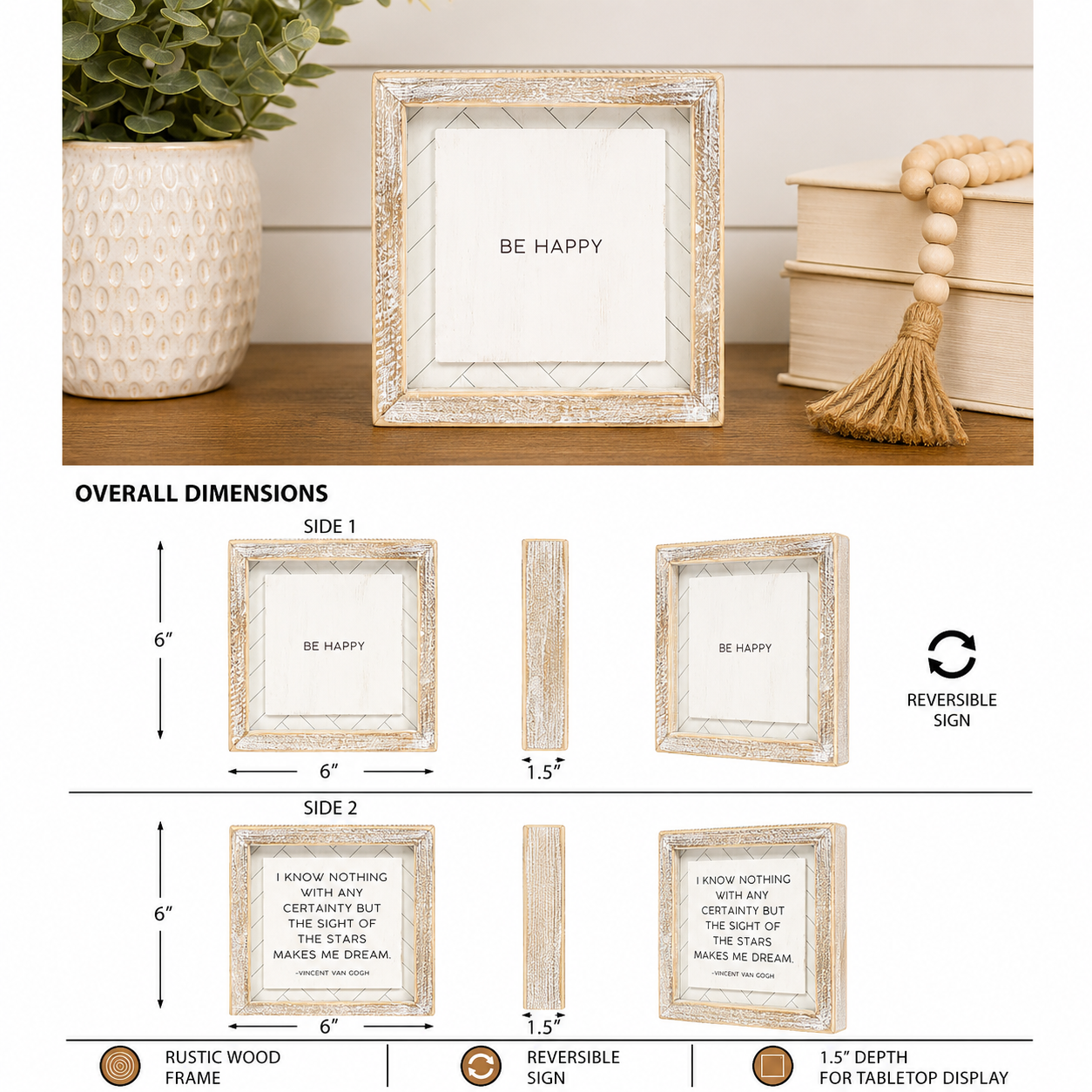 6" Reversible Wood Framed Sign - Happy/Stars | White and Black