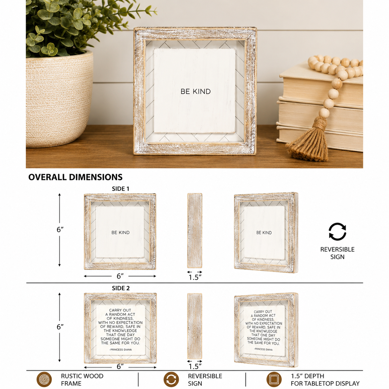 6" Reversible Wood Framed Sign - Kind/Random | White and Black