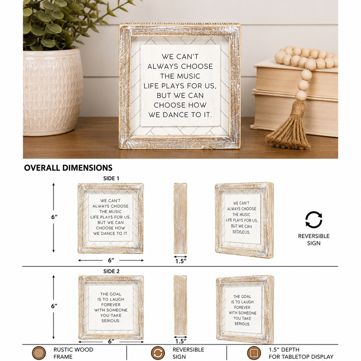 6" Reversible Wood Framed Sign - Choose and Laugh | White and Black