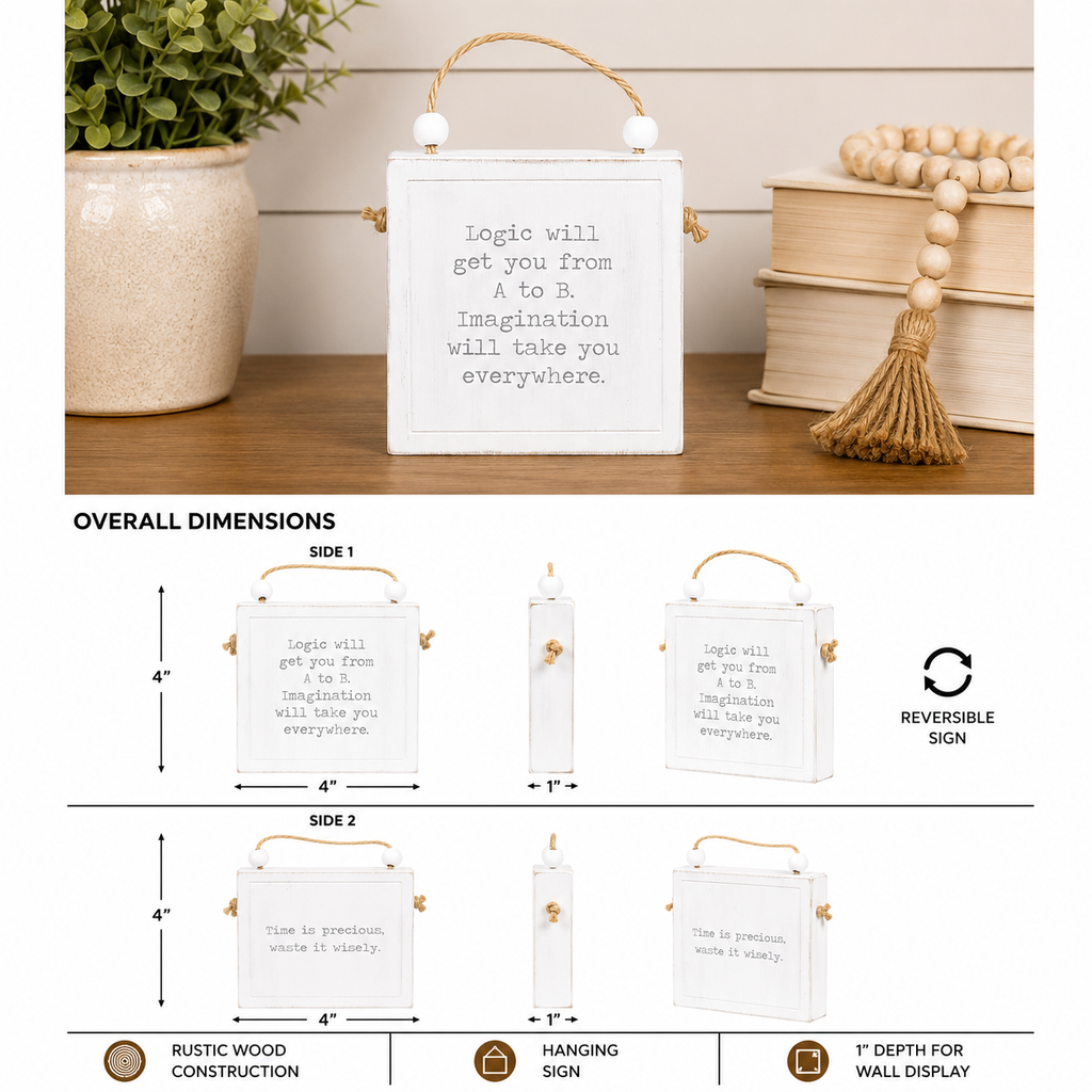4" Reversible Wood Hanging Sign - Time/Logic | White and Black