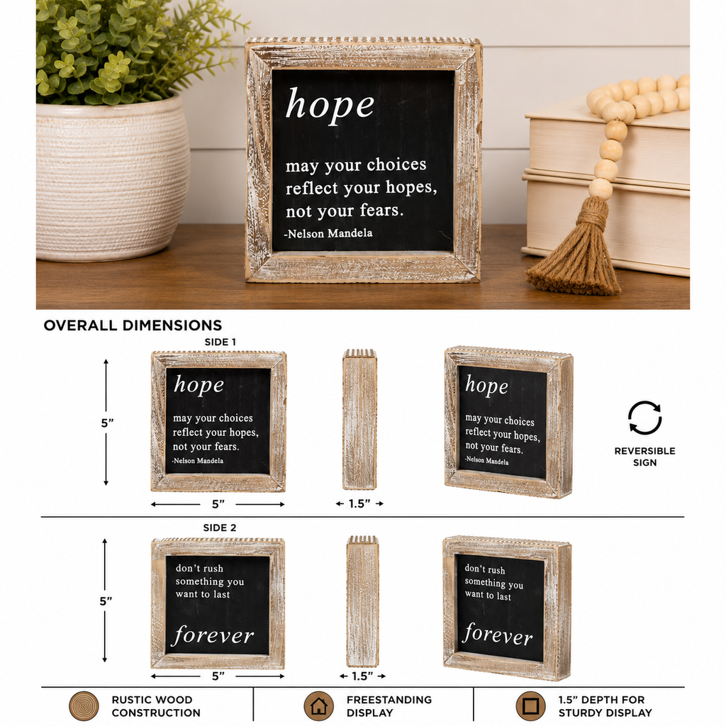 5" Reversible Wood Framed Sign - Hope and Patience | White and Black