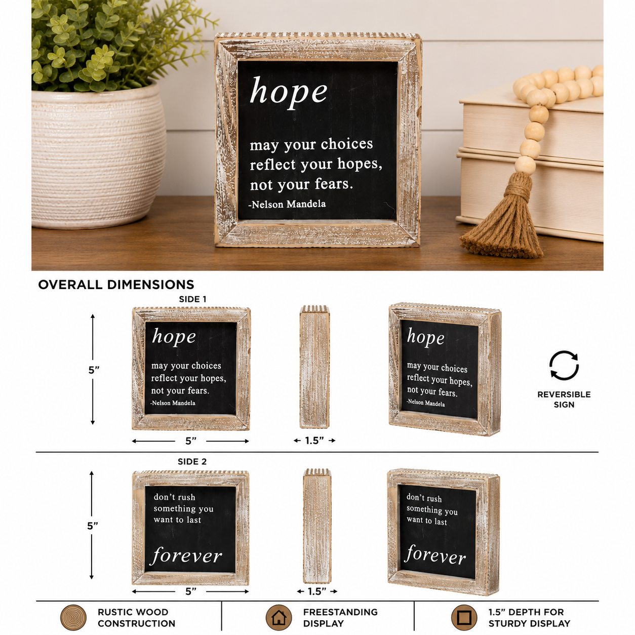 5" Reversible Wood Framed Sign - Hope and Patience | White and Black
