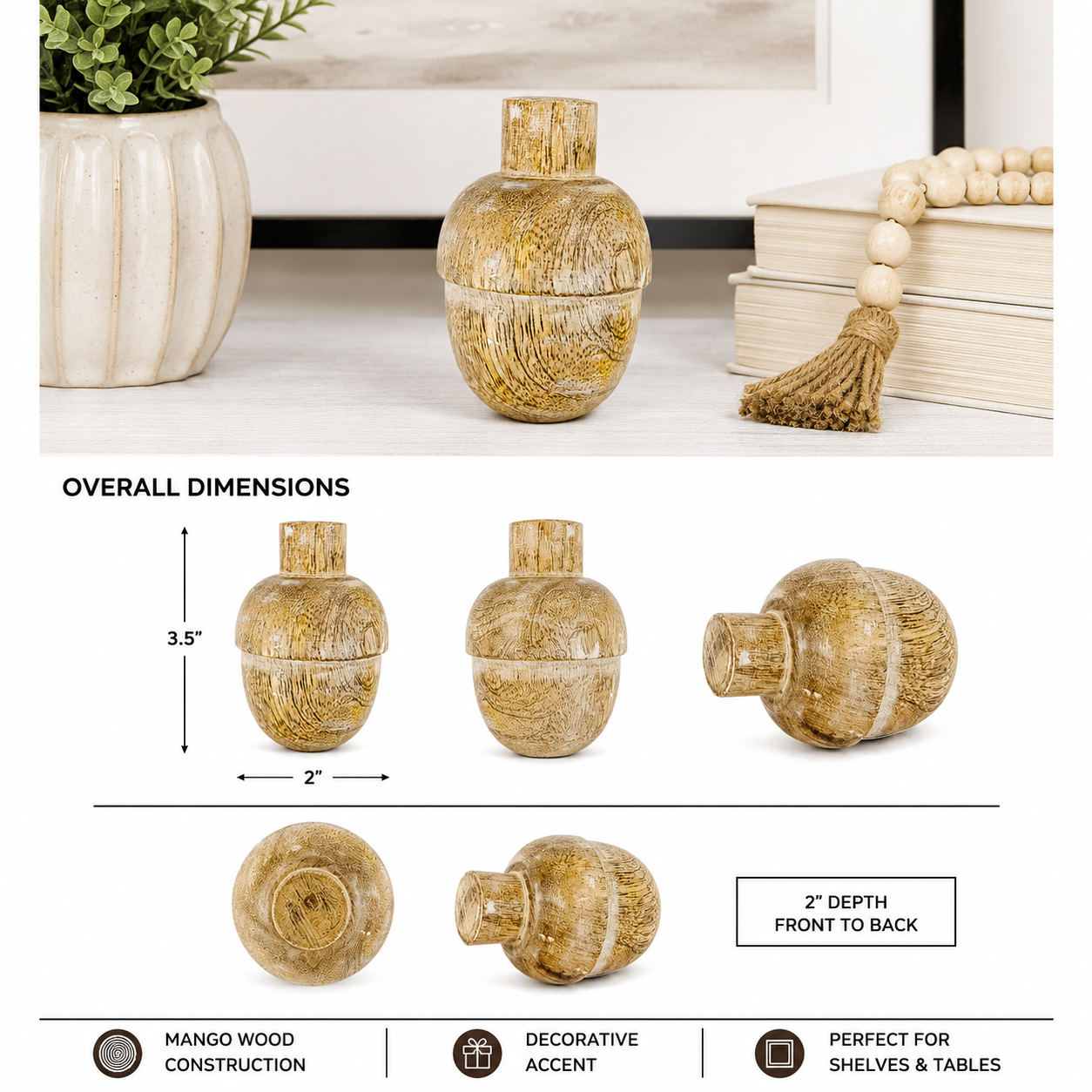 3.5" Mango Wood Shape - Acorn Ornament | Natural and White