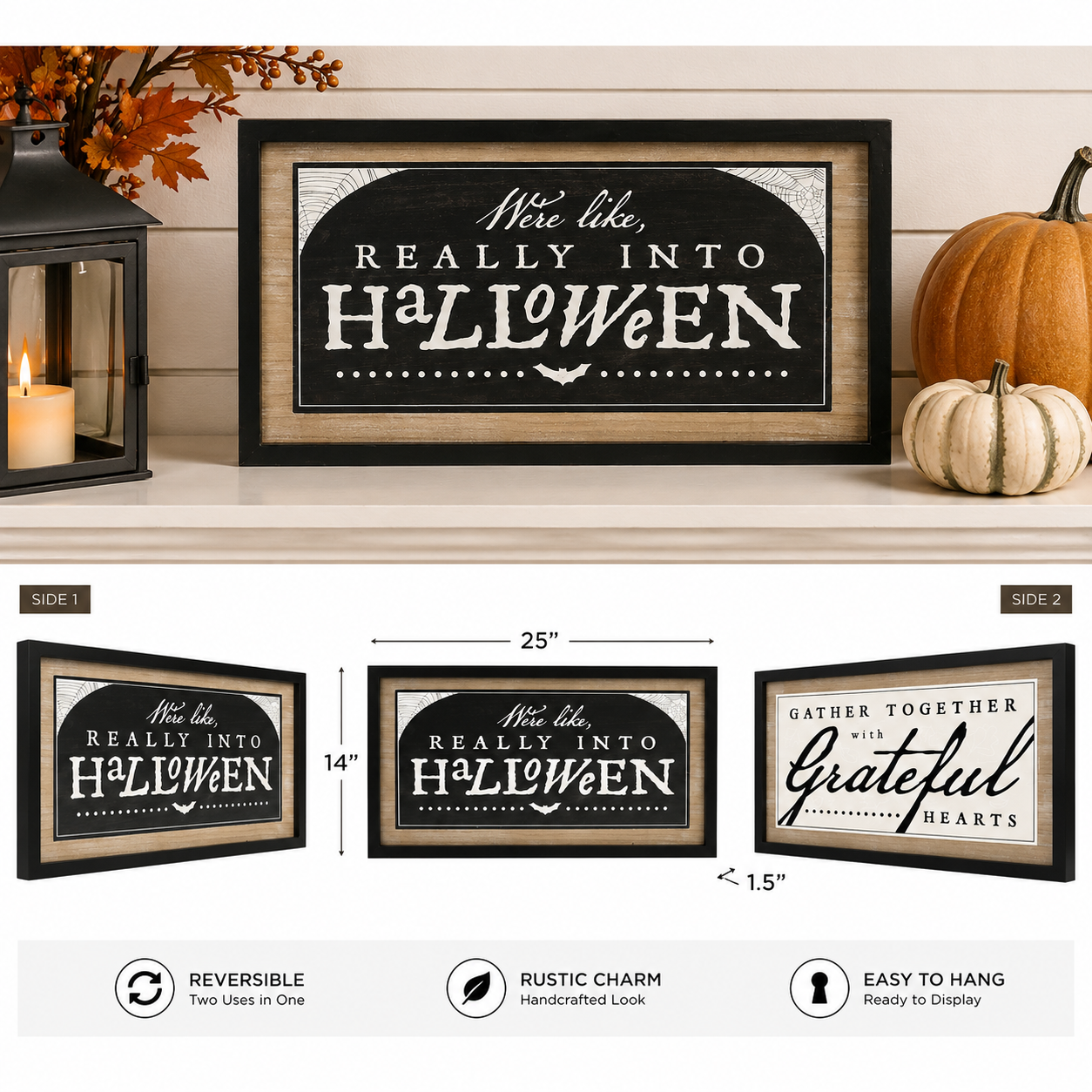25" x 14" Reversible Wood Framed Wall Art - Really Into Halloween and Gather Together | Multicolor