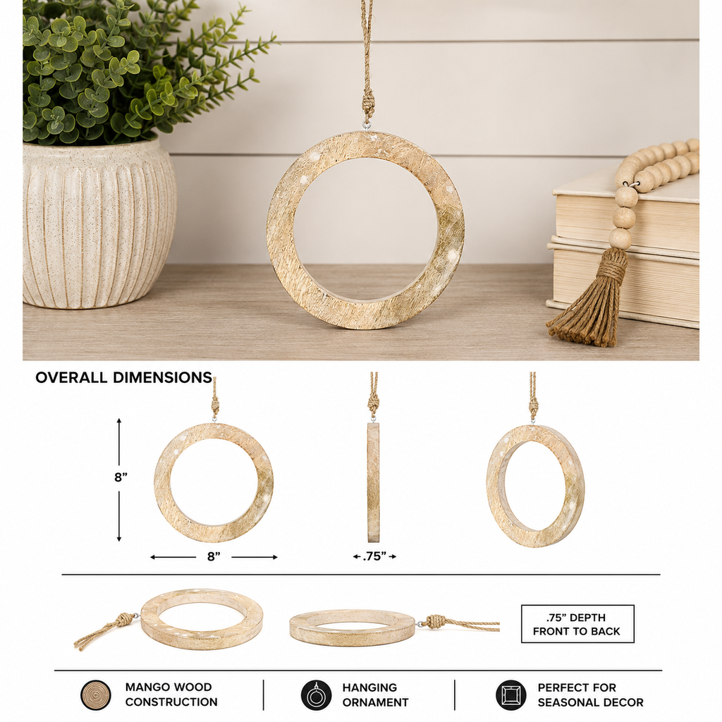 8" Mango Ornament - Circle | Natural and White