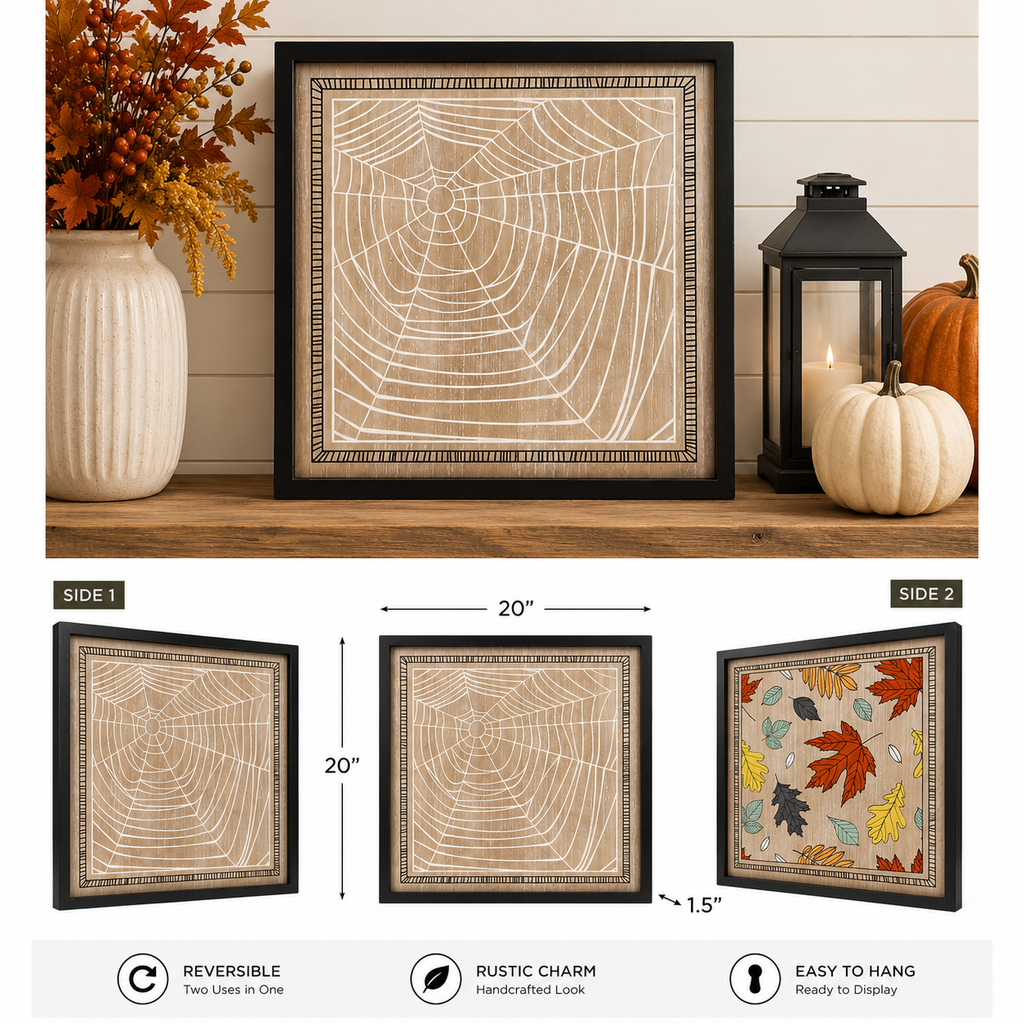 20" Reversible Wood Framed Wall Art - Web and Leaves | Multicolor