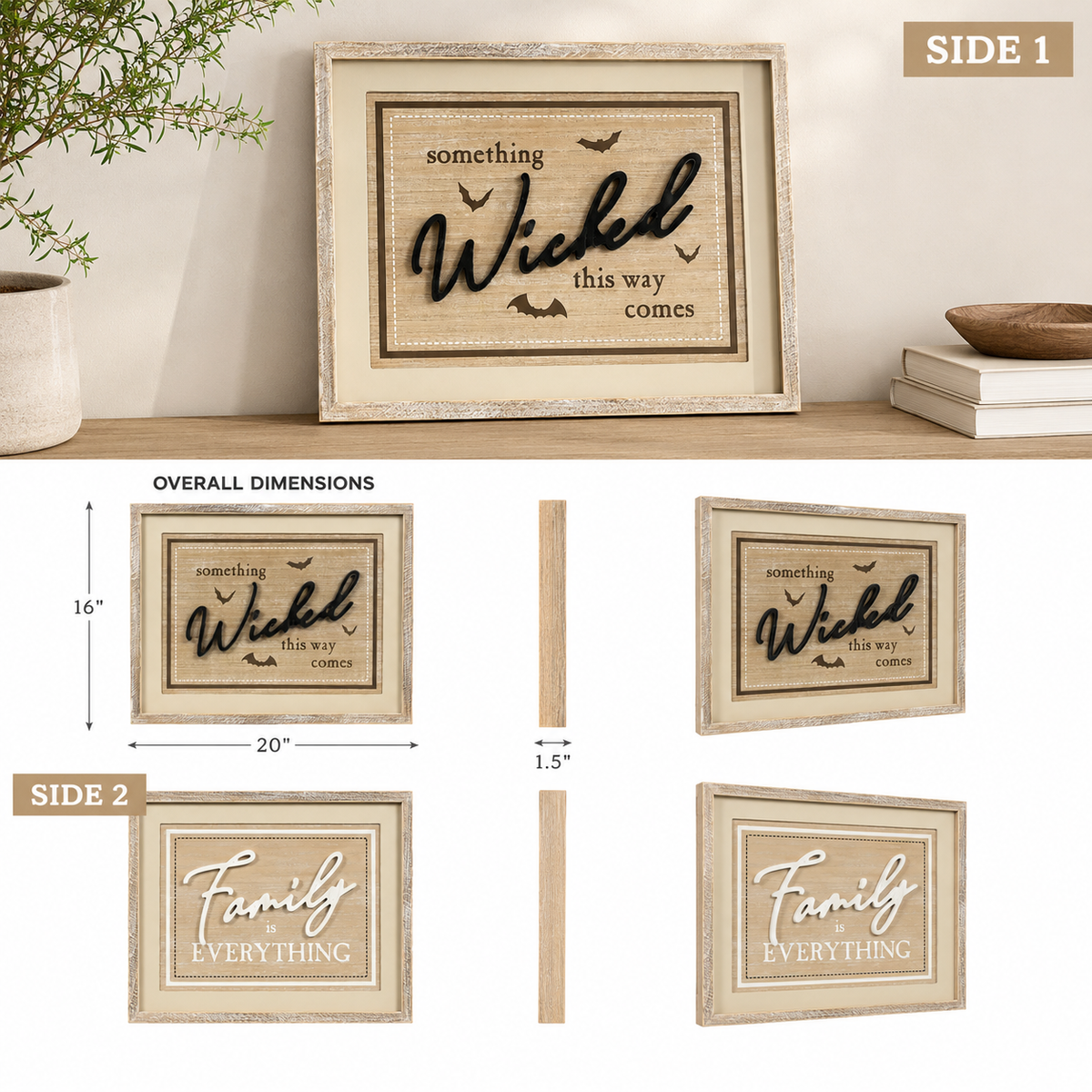 20" x 16" Reversible Wood Framed Wall Art - Family/Wicked | Multicolor