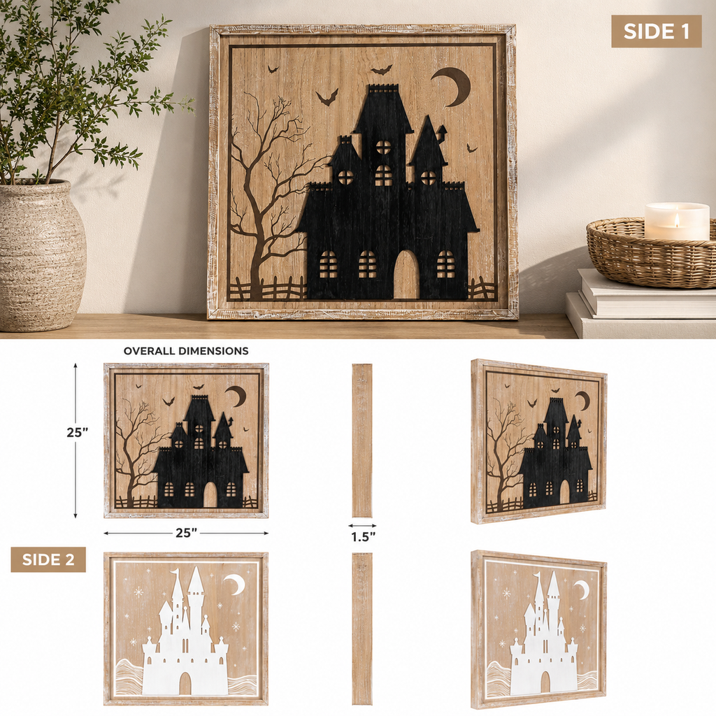 25" Reversible Wood Framed Wall Art - Haunted/Castle | Natural, White and Black