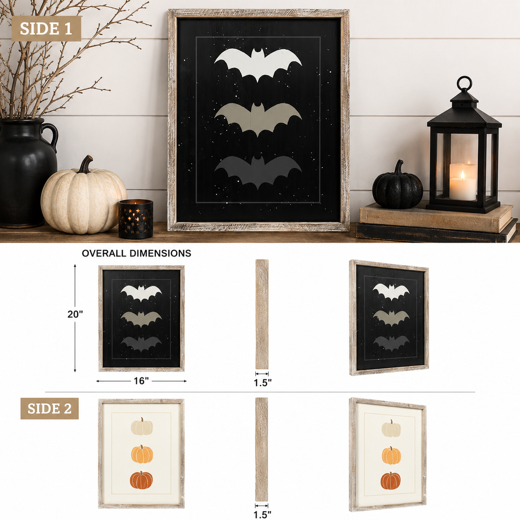 16" x 20" Reversible Wood Framed Wall Art - Bat and Pumpkin | Multicolor