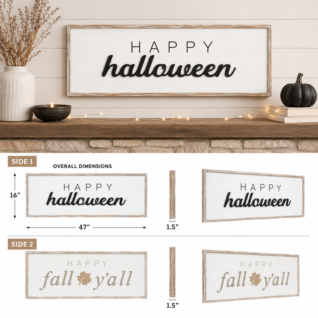 47" x 16" Reversible Wood Framed Wall Art - Happy Halloween and Happy Fall Y'all | White, Grey and Black