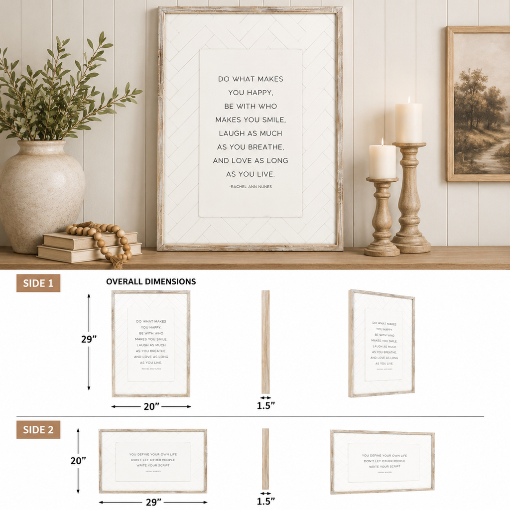 20" x 29" Reversible Wood Framed Wall Art - Happy/Script | Black and White