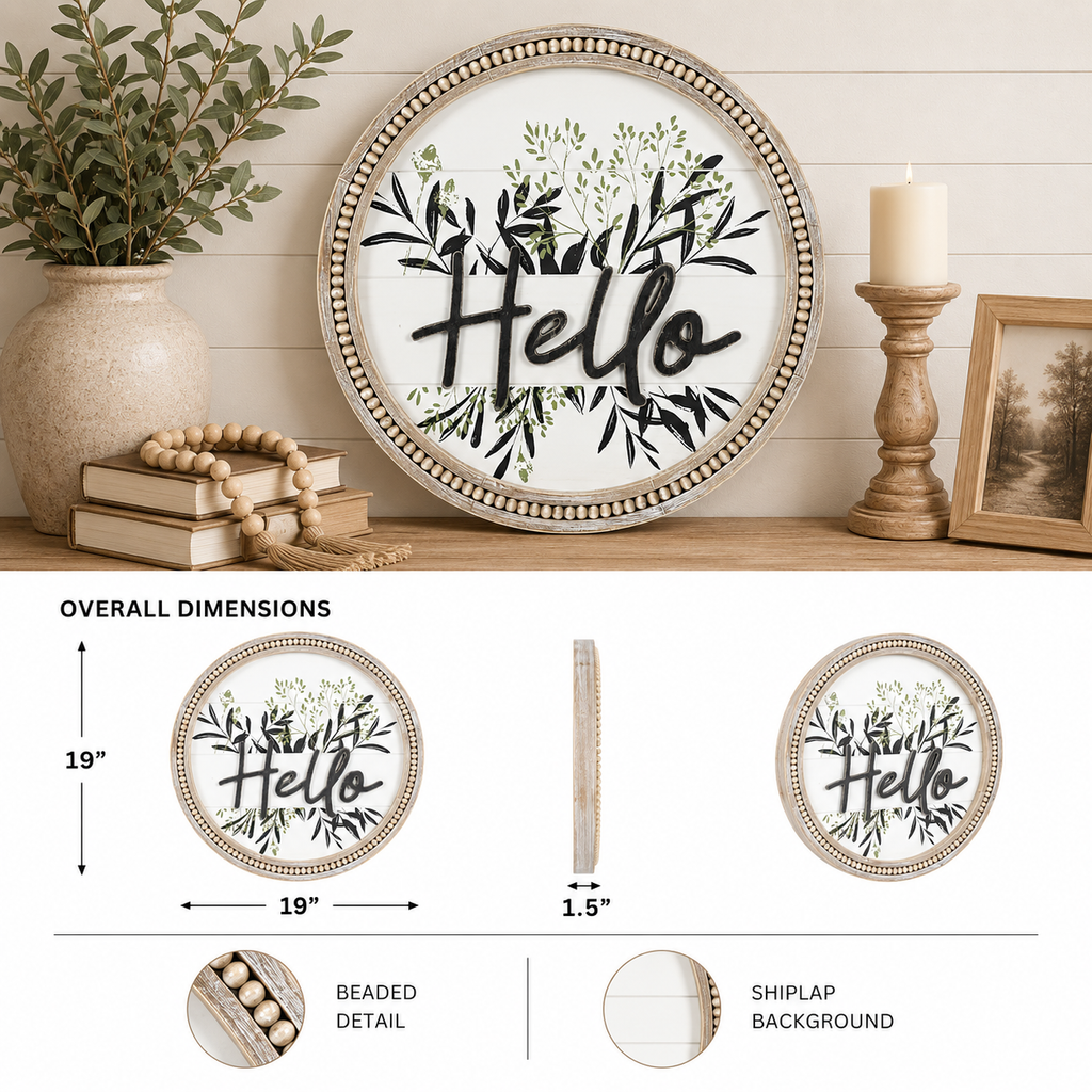 19" Round Beaded Wood Framed Wall Art - Hello | Natural and White
