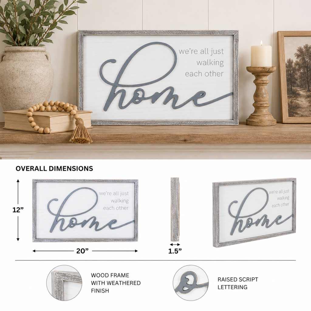 20" x 12" Wood Framed Wall Art - Walking Each Other Home | White and Gray