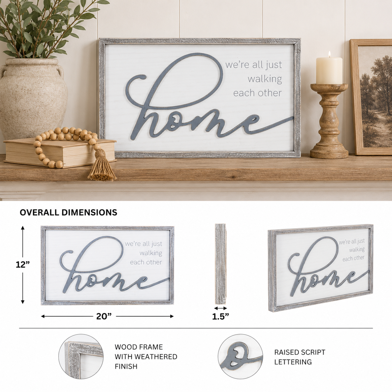 20" x 12" Wood Framed Wall Art - Walking Each Other Home | White and Gray