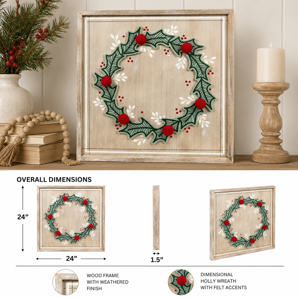 24" Wood Framed Wall Art - Wreath | Multicolor