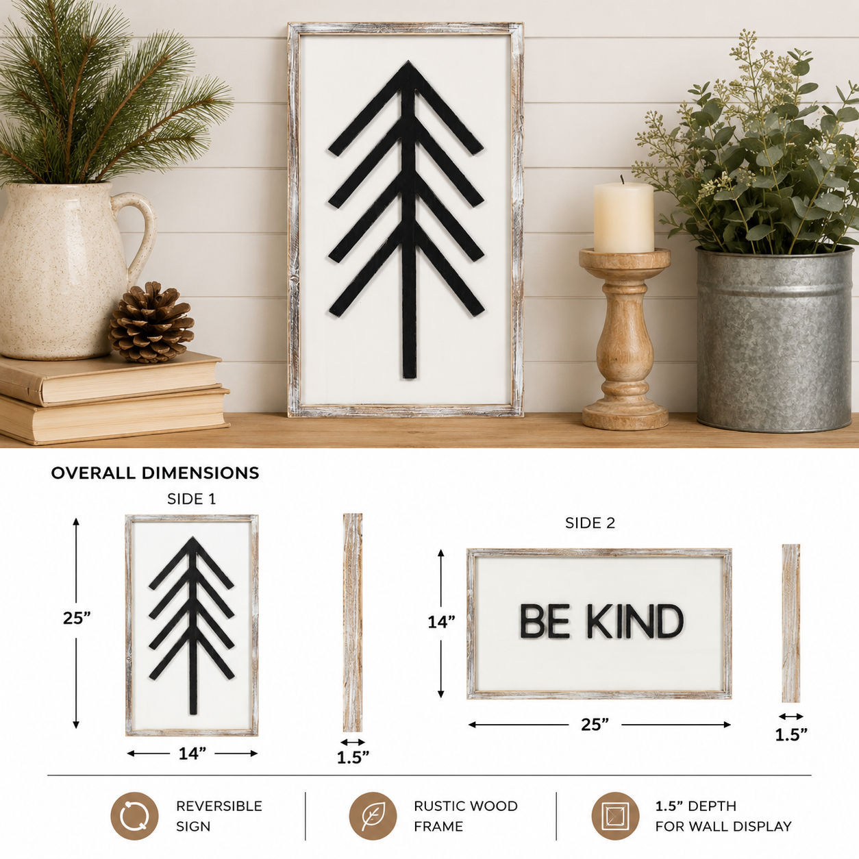 14" x 25" Reversible Wood Framed Wall Art Set - Pine Tree/Be Kind | White