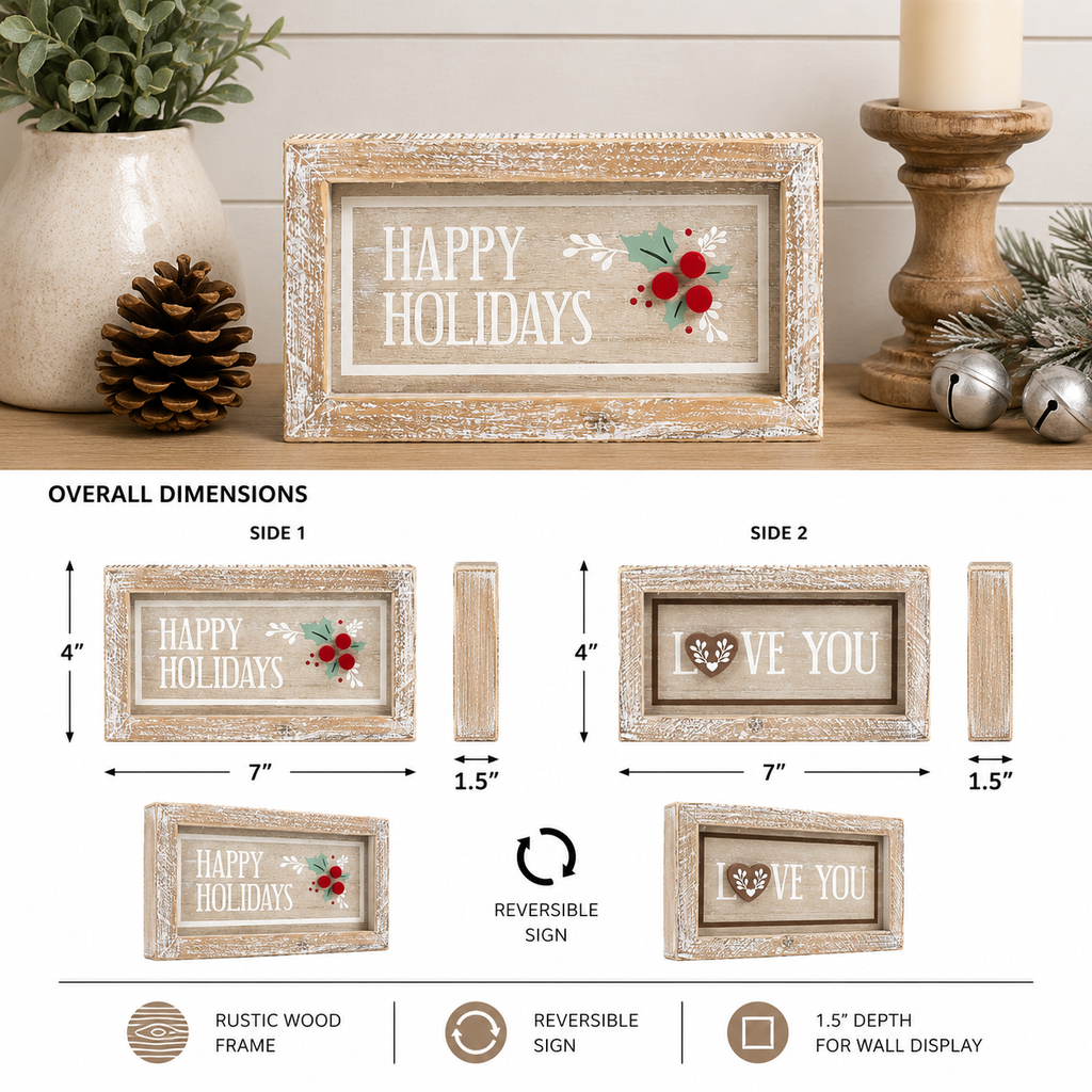 7" x 4" Reversible Wood Framed Sign - Happy Holidays/Love You | Multicolor